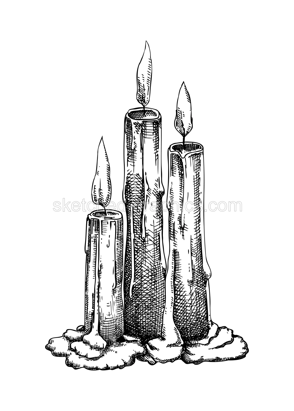 Hand drawn composition with burning candles sketch. Hand draw wax candles isolated on white background. Halloween design element. Hand drawn home decoration. Candlelight vector illustration for  Illustration